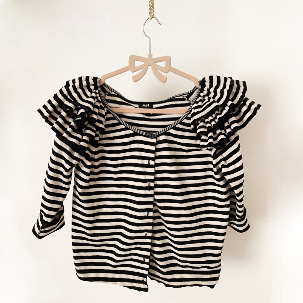 Black and White Striped Cardigan with Ruffled Shoulders