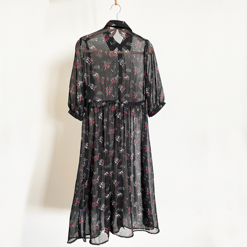 Black Flower Printed Sheer 3/4 Sleeve Dress