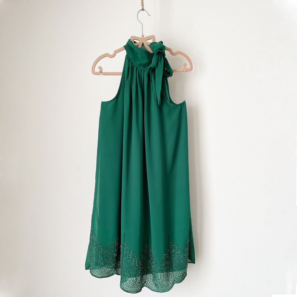 Green Shift Dress with Tie Neck