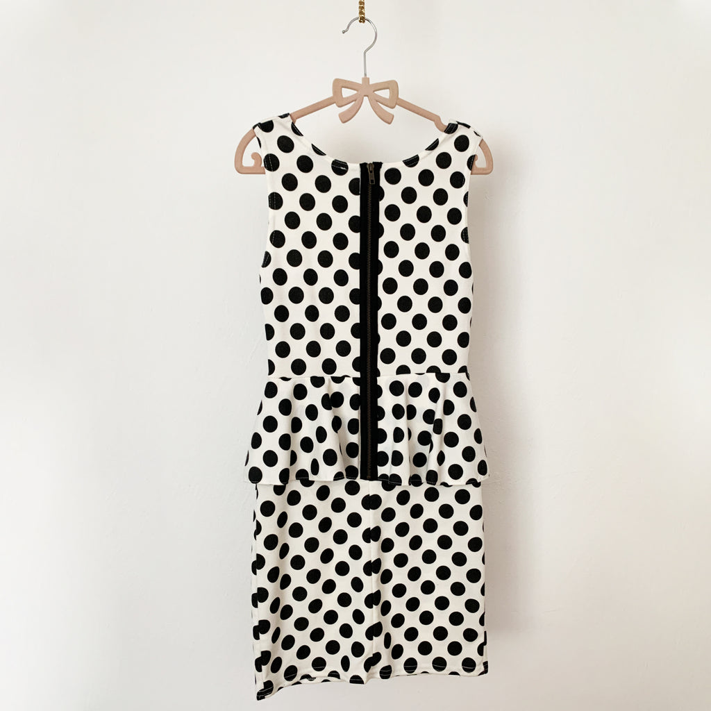 White and Black Dotted Peplum Dress