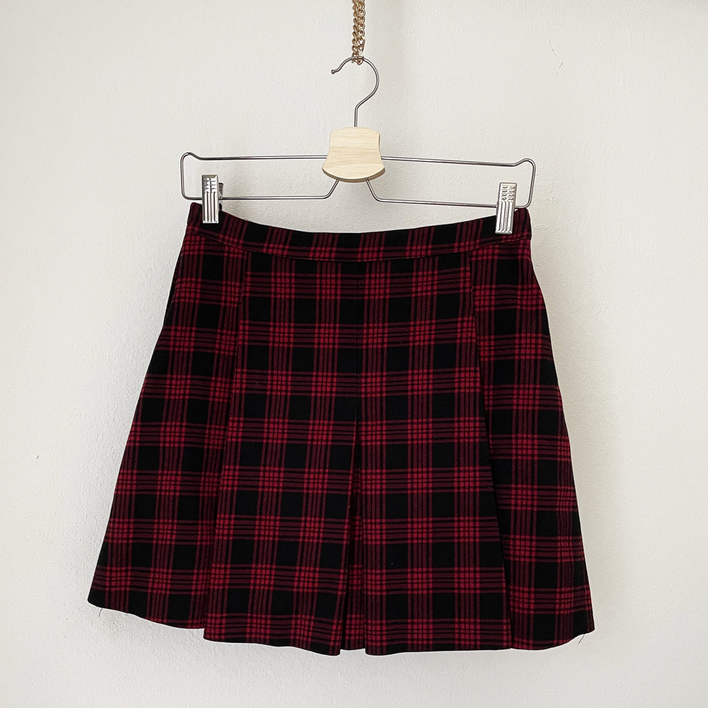 Red and Black Pleated Plaid Skirt