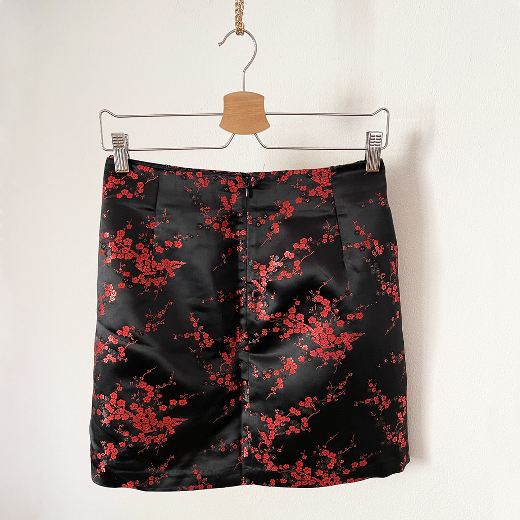Black Floral-Print Satin Skirt